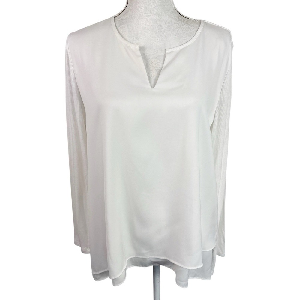 Soft Surroundings Petite M Tiered Front Mixed Fabric Blouse Creme‎ EUC